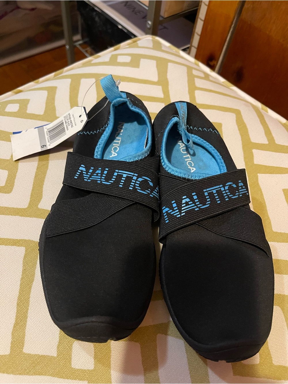 Nautica Black Slip-On Water Shoes with Blue Interior and Logo Strap